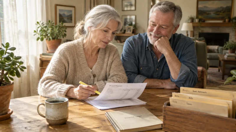 Senior couple sitting at a wooden table reviewing an account statement with a highlighter and organized document folders.