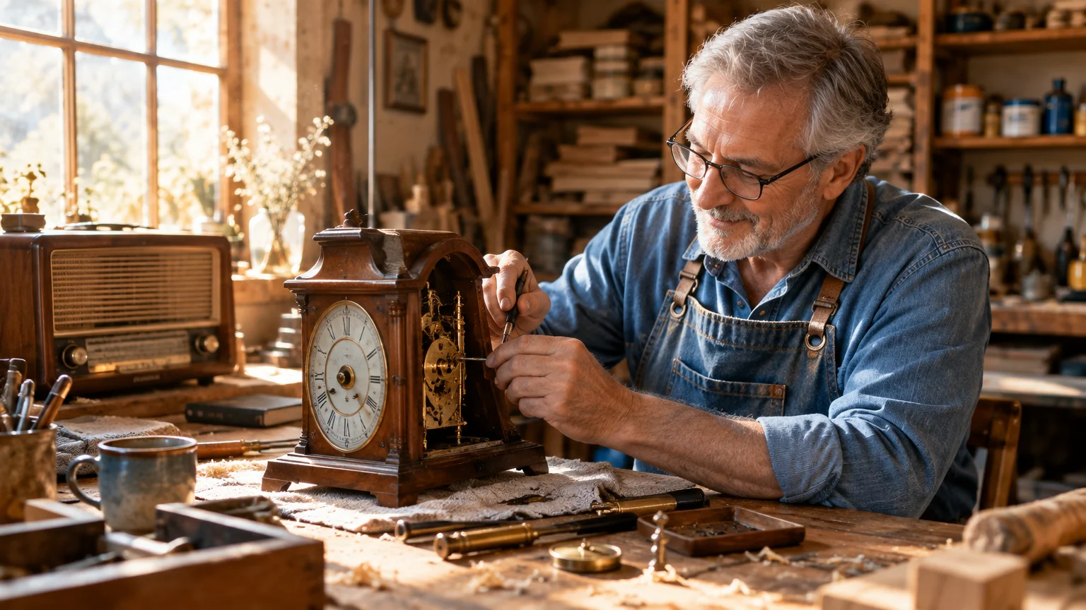 Senior man wearing glasses and a denim apron repairing the intricate mechanical gears of an antique wooden clock in a workshop.