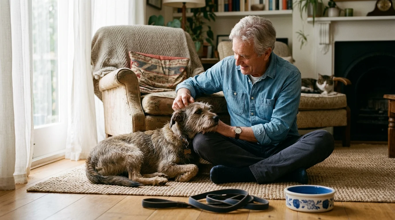 A senior man sits cross-legged on a living room rug smiling and petting a scruffy dog lying beside him.