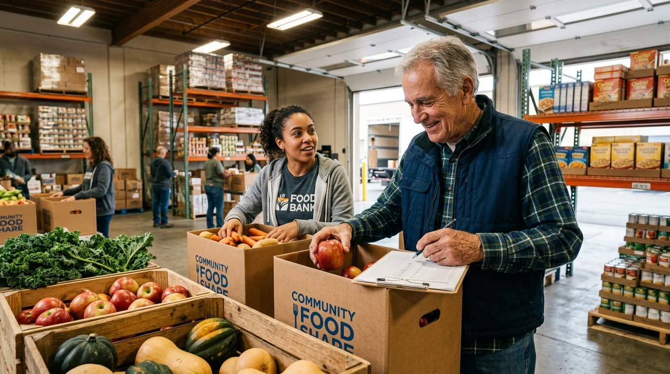 A senior man and young woman pack fresh produce into donation boxes inside a bright food pantry warehouse.