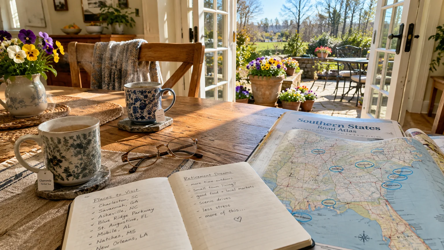 A wooden table with tea mugs, glasses, an open road atlas, and a retirement notebook before open doors leading to a patio.