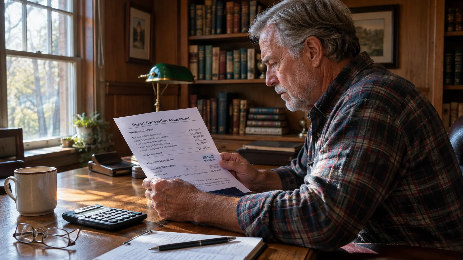 An older man sitting at a wooden desk holding and reading a resort renovation assessment bill beside a calculator.
