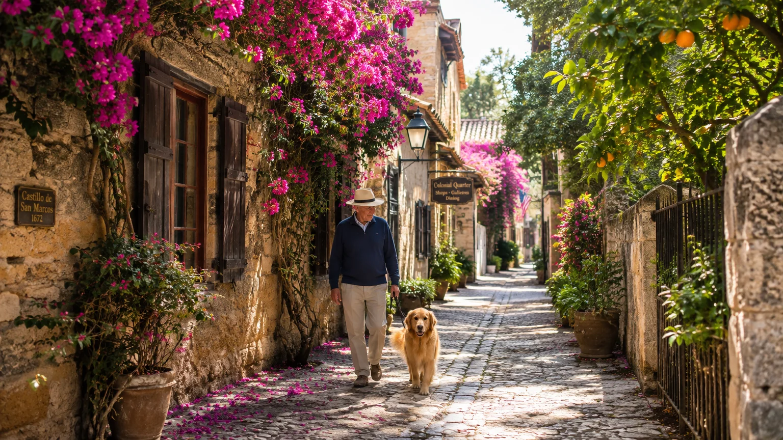 A man in a hat walking a golden retriever down a sunlit cobblestone lane lined with stone buildings and bougainvillea.