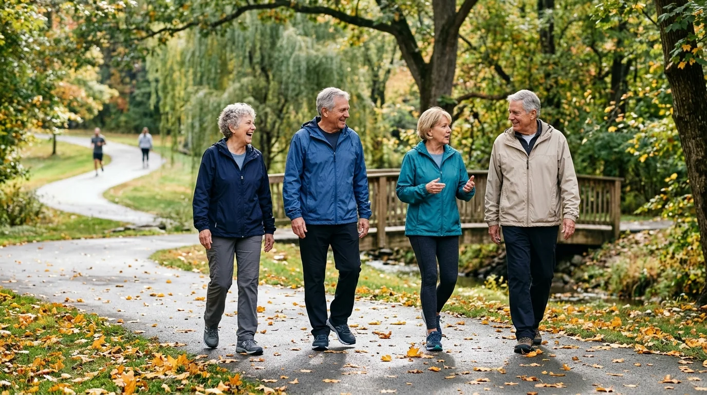 Four older adults in jackets walk together along a paved autumn park path lined with fallen yellow leaves.