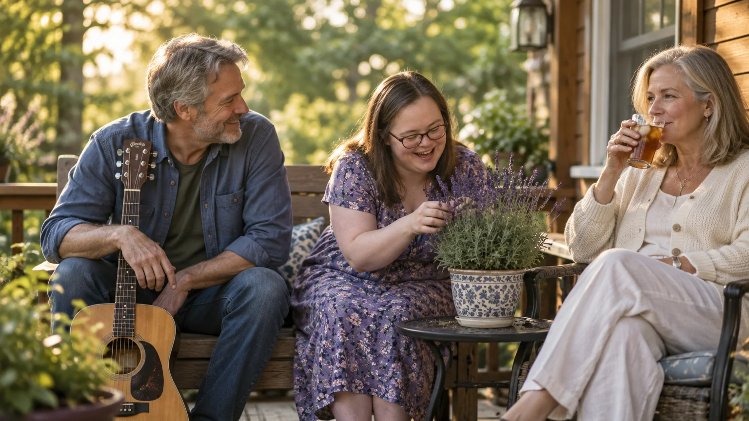 A smiling family relaxes on a porch together, with a young woman tending to potted lavender between her parents.