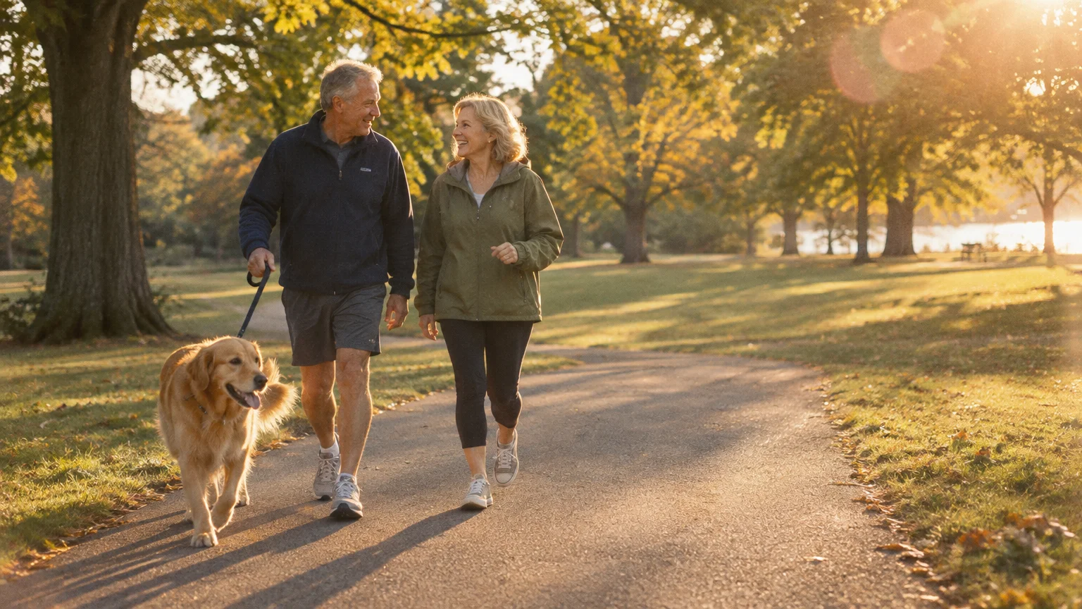 A smiling senior couple walking a golden retriever on a paved park path in warm evening sunlight.