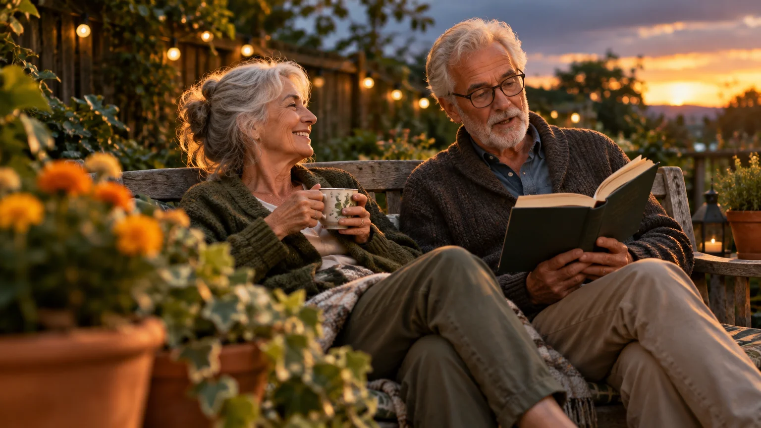 Older man reading a book alongside a smiling woman holding a mug on an outdoor garden bench at sunset.