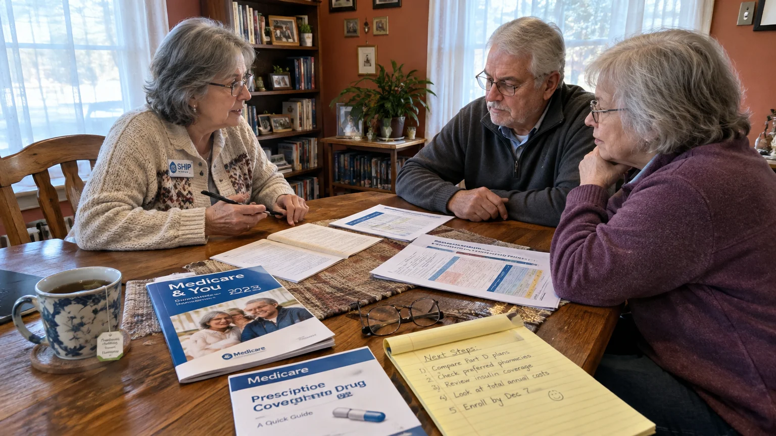 A counselor wearing a SHIP badge reviews Medicare paperwork at a wooden table with an older couple.