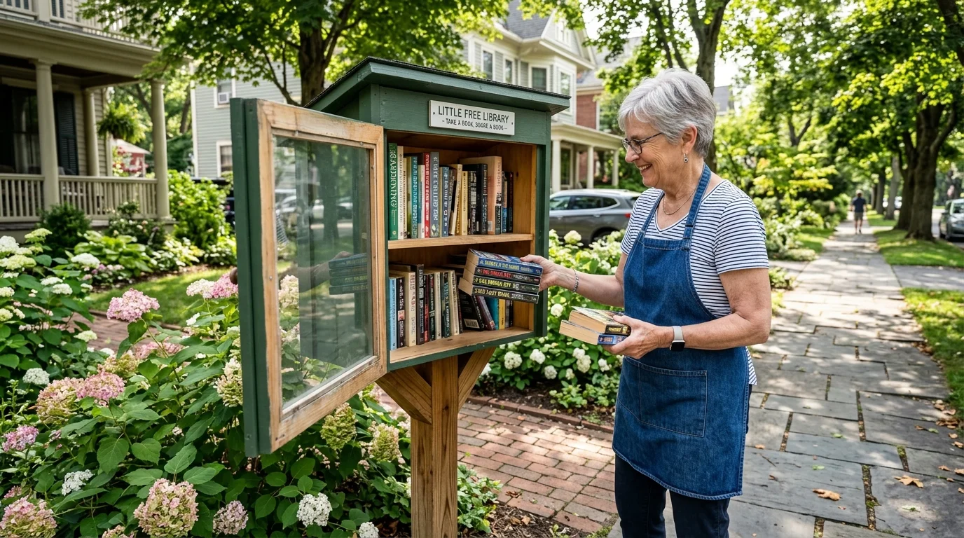 A smiling woman in an apron places books into a wooden Little Free Library box along a neighborhood sidewalk.