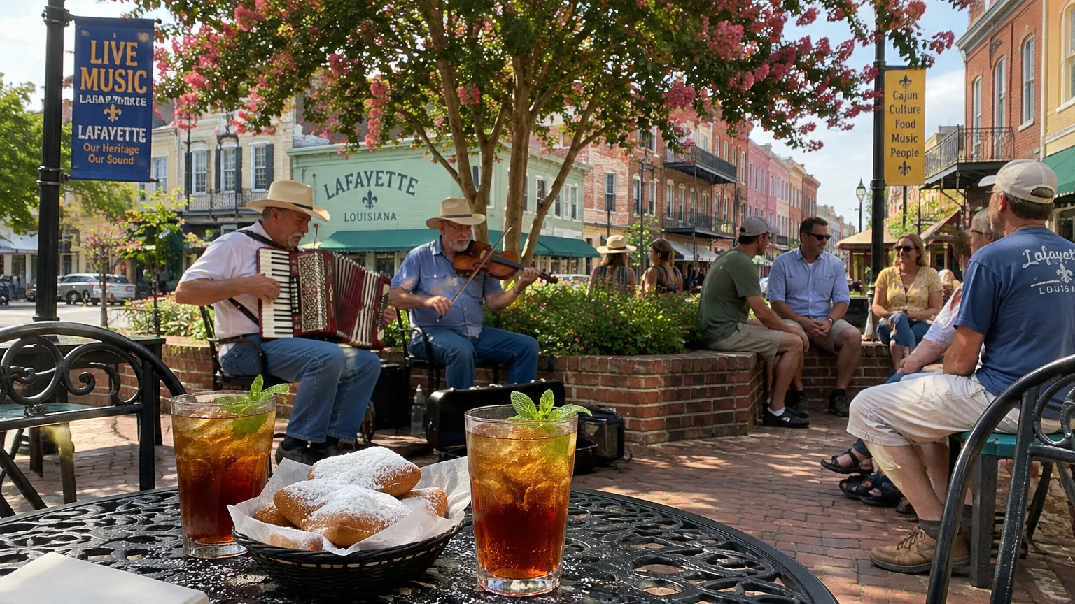 Musicians play accordion and fiddle in a sunny Lafayette town square as patrons enjoy iced tea and beignets on an outdoor patio.