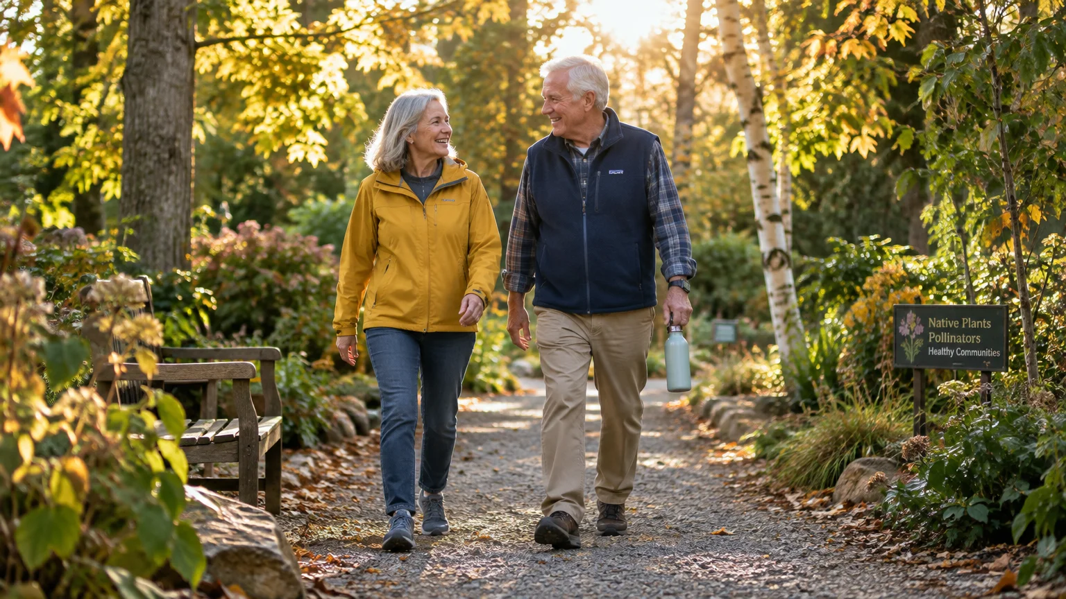 Smiling older couple walking along a sunlit gravel path in an autumn garden.