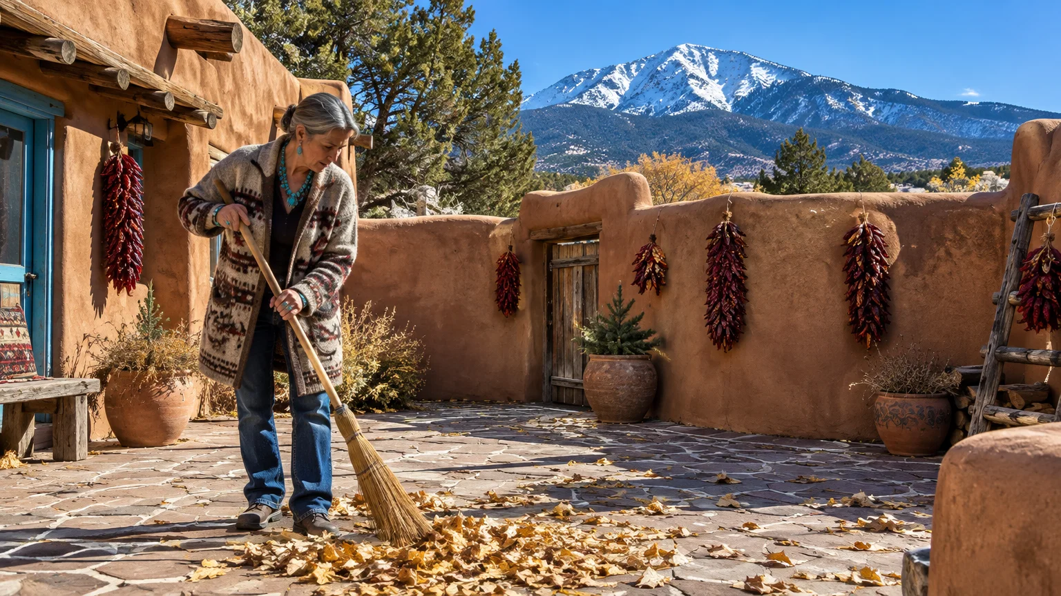 A woman sweeps yellow autumn leaves in a stone courtyard of an adobe home with snow-capped mountains in the background.