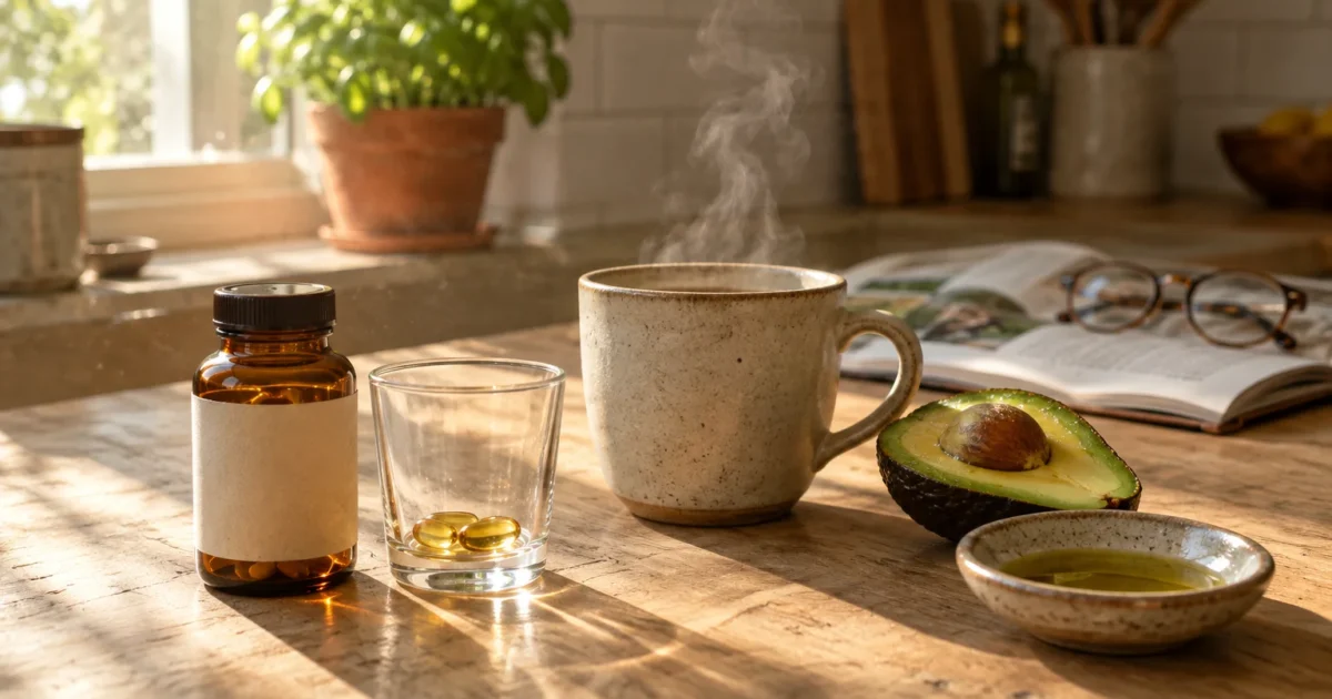 Amber supplement bottle, softgel capsules in a glass, steaming coffee mug, and avocado half on a sunlit counter.