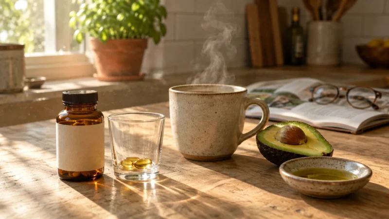 Amber supplement bottle, softgel capsules in a glass, steaming coffee mug, and avocado half on a sunlit counter.