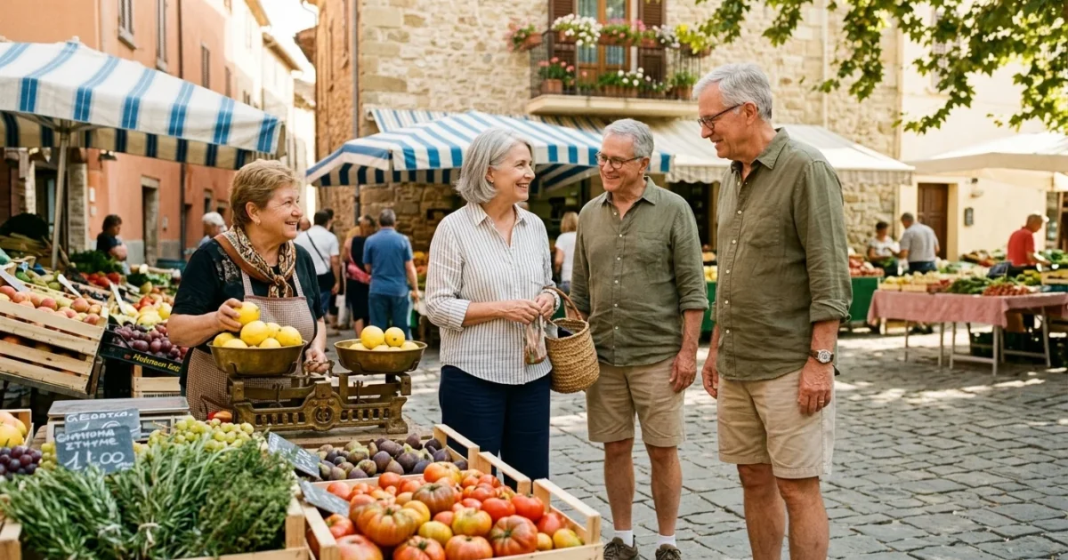 Three senior tourists chatting with a local vendor weighing produce at an outdoor market on a cobbled European street.