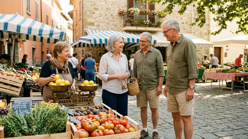 Three senior tourists chatting with a local vendor weighing produce at an outdoor market on a cobbled European street.