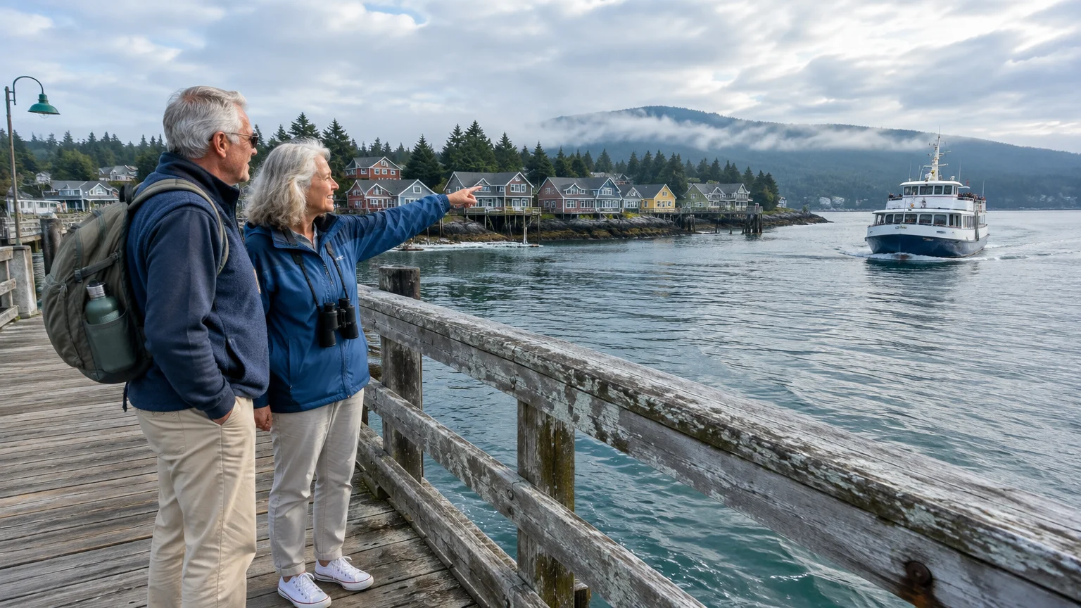 An older couple stands on a wooden pier watching a ferry approach coastal houses along a forested shoreline.