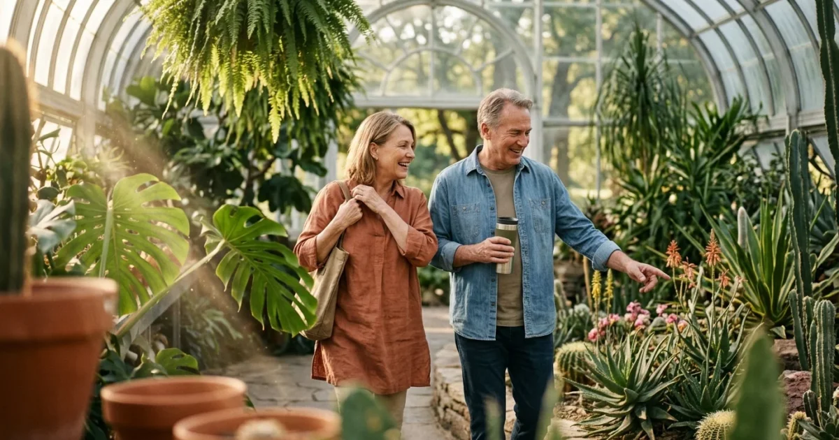 A smiling mature couple walks through a lush glass greenhouse filled with tropical plants and cacti.