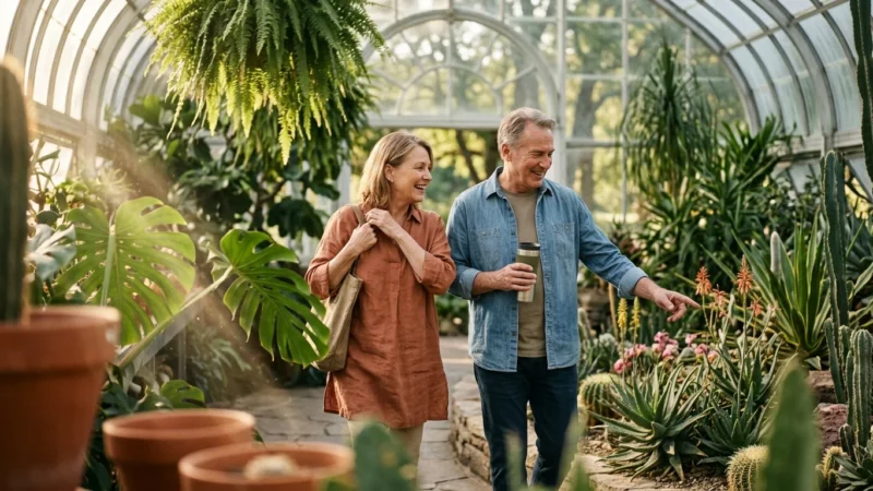 A smiling mature couple walks through a lush glass greenhouse filled with tropical plants and cacti.