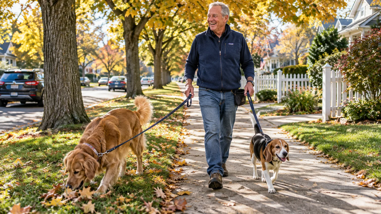 Smiling older man walks a golden retriever and a beagle on leashes along an autumn, tree-lined suburban sidewalk.