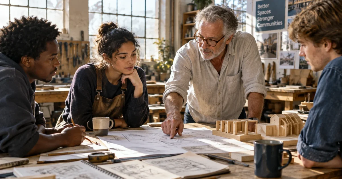 An older man with glasses reviews architectural blueprints with three young adults in a woodworking shop.