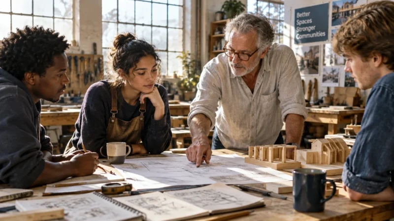 An older man with glasses reviews architectural blueprints with three young adults in a woodworking shop.