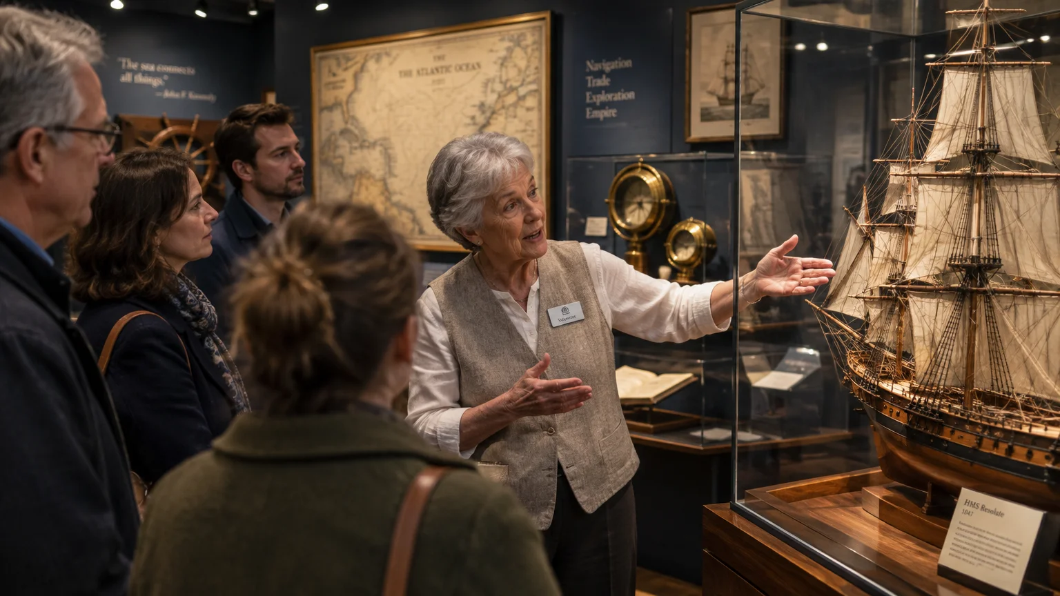 A museum docent wearing a vest gestures toward a detailed model ship in a glass case while speaking to visitors.