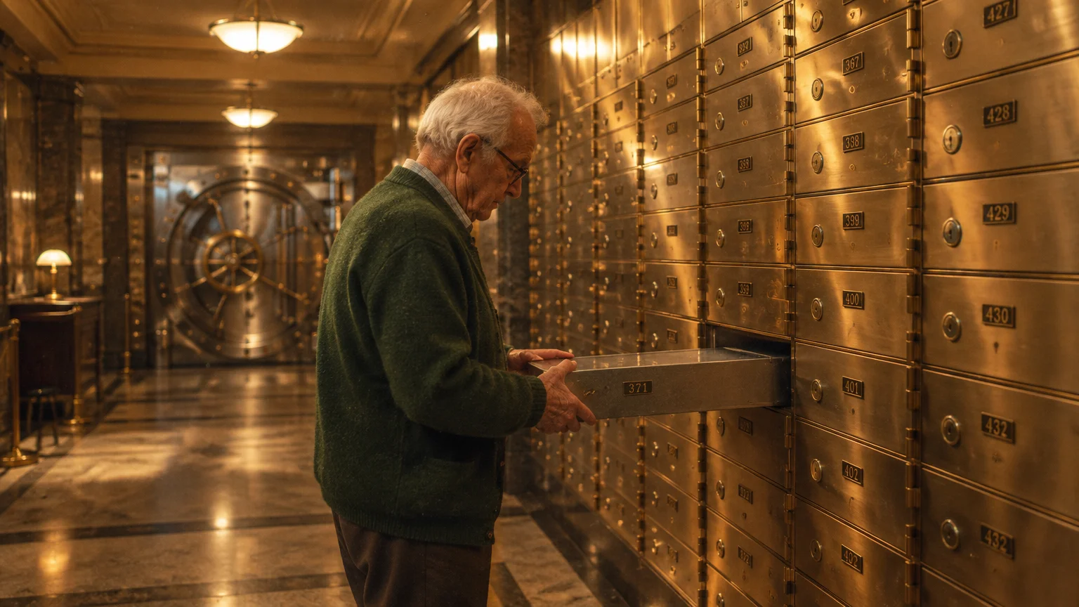 Senior man sliding a metal safe deposit box out of a brass locker wall inside a bank vault.