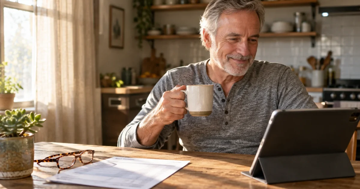 A senior man with grey hair holds a coffee mug while looking at a tablet on a wooden table in a sunny kitchen.