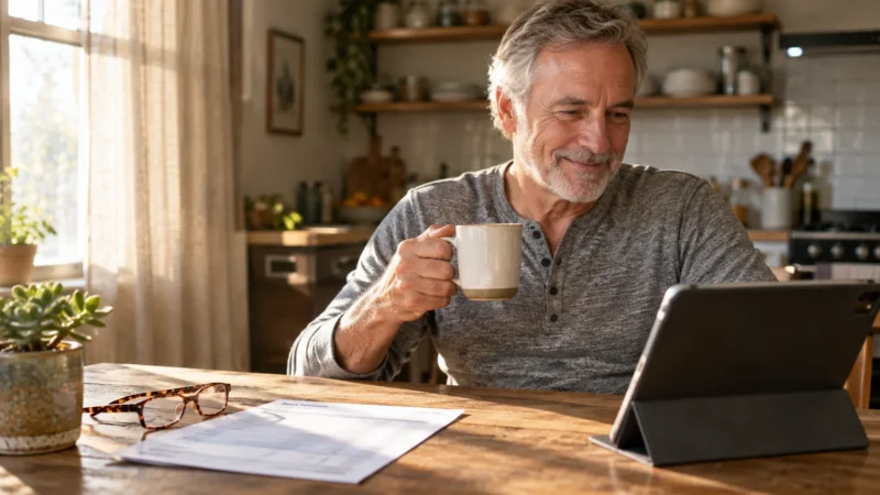 A senior man with grey hair holds a coffee mug while looking at a tablet on a wooden table in a sunny kitchen.