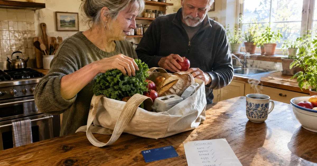 Older couple unpacks fresh produce from a canvas bag onto a rustic kitchen counter next to an EBT card and grocery list.