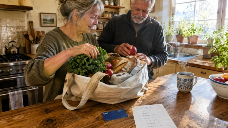 Older couple unpacks fresh produce from a canvas bag onto a rustic kitchen counter next to an EBT card and grocery list.