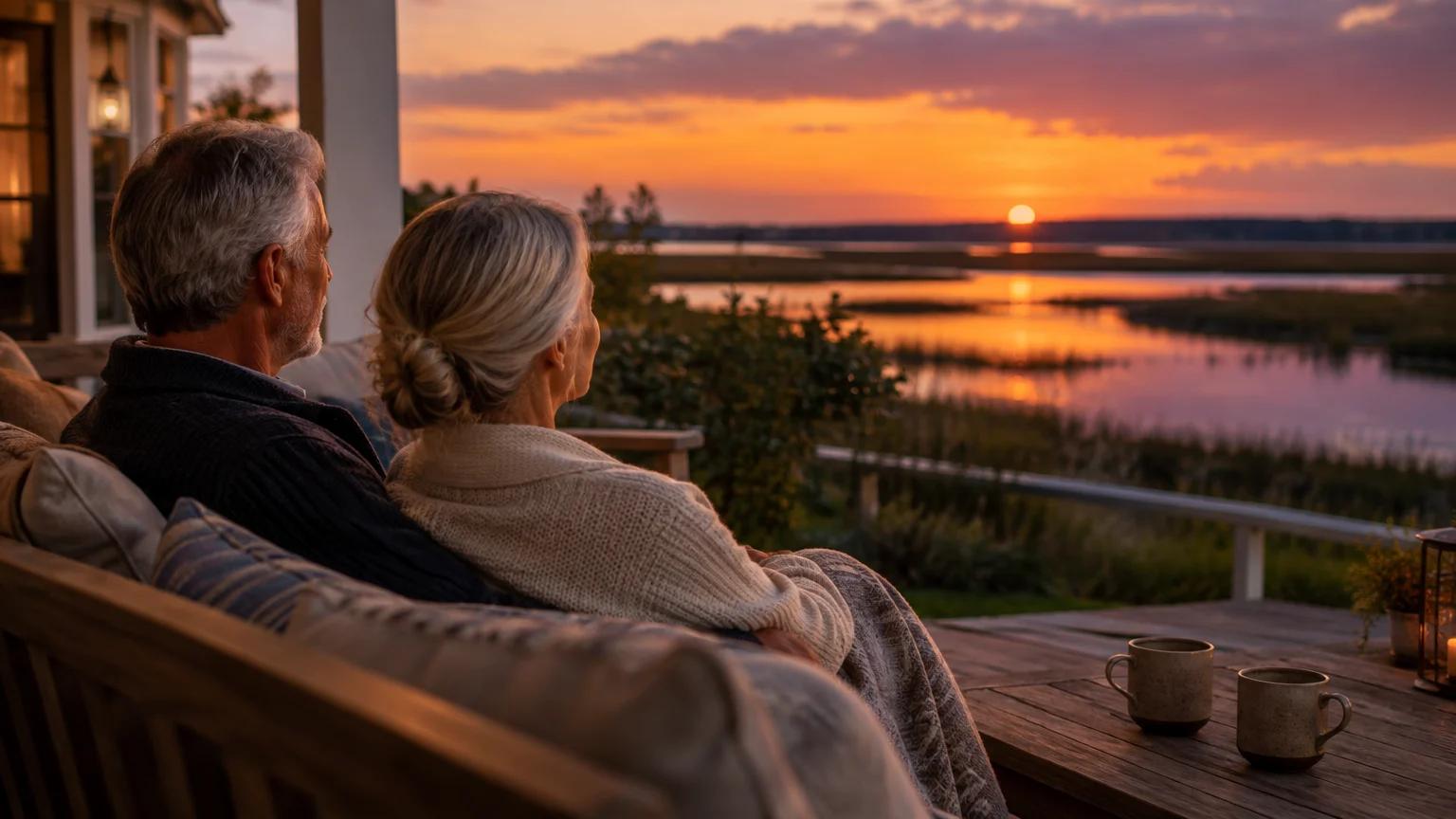 Older couple sitting together on an outdoor wooden deck watching a vibrant orange sunset over a coastal marsh.