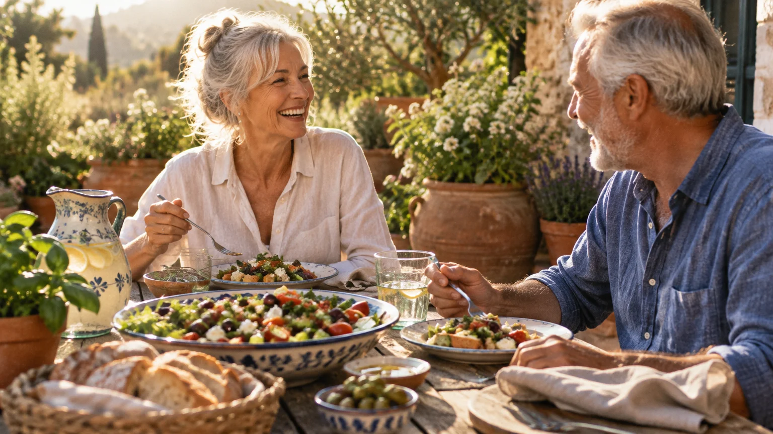 A smiling senior couple sits outdoors on a sunny terrace eating salad, bread, and drinks at a wooden table.
