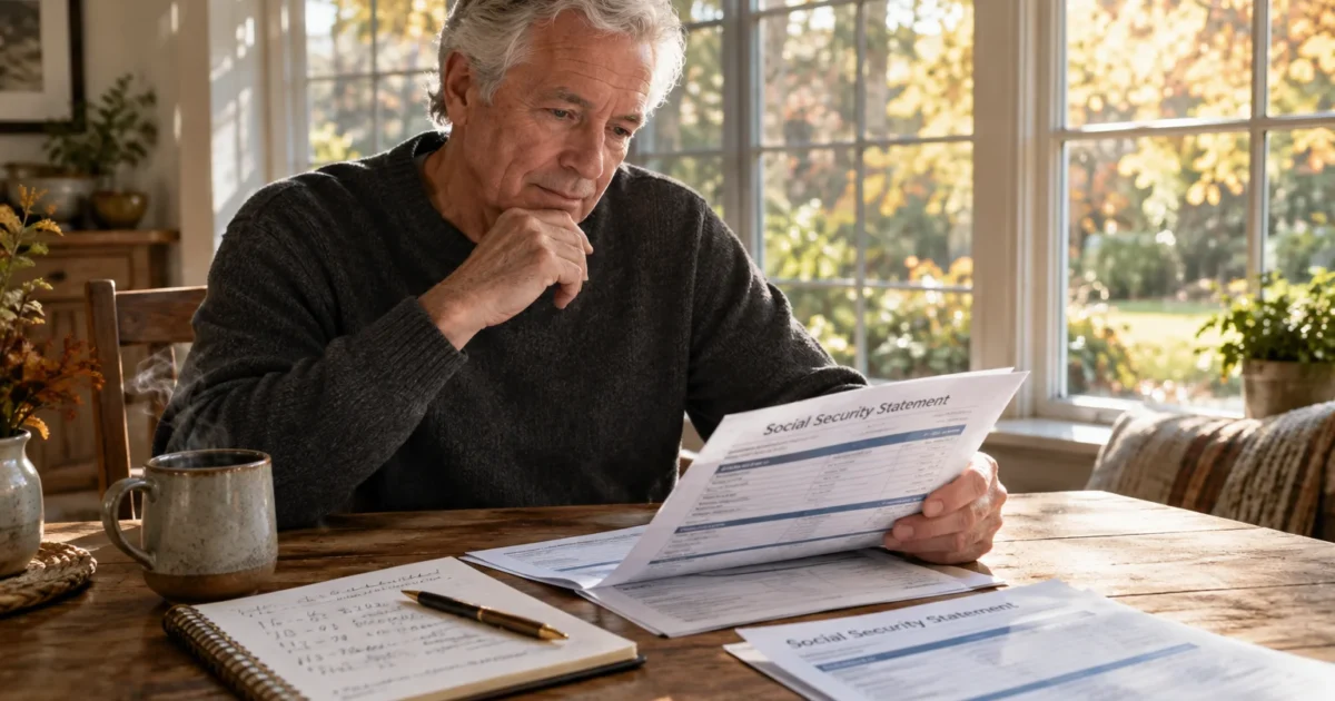 A senior man sits at a wooden table thoughtfully reviewing a Social Security Statement next to notes and coffee.