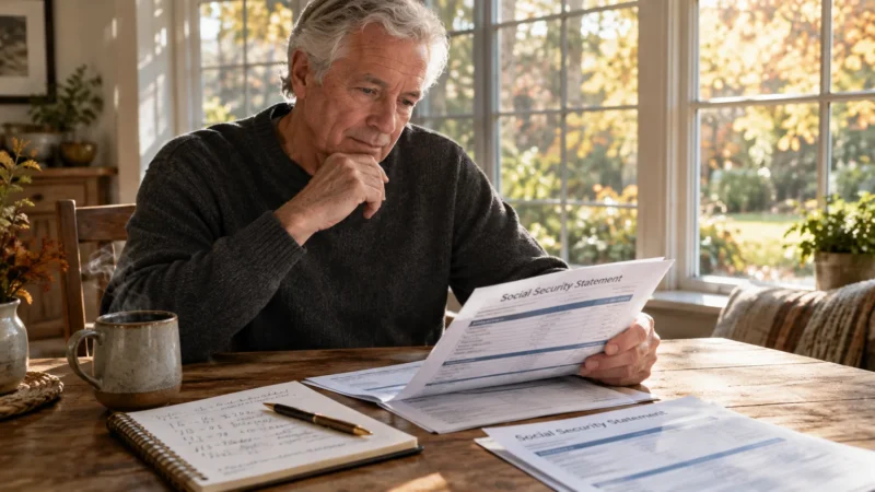 A senior man sits at a wooden table thoughtfully reviewing a Social Security Statement next to notes and coffee.