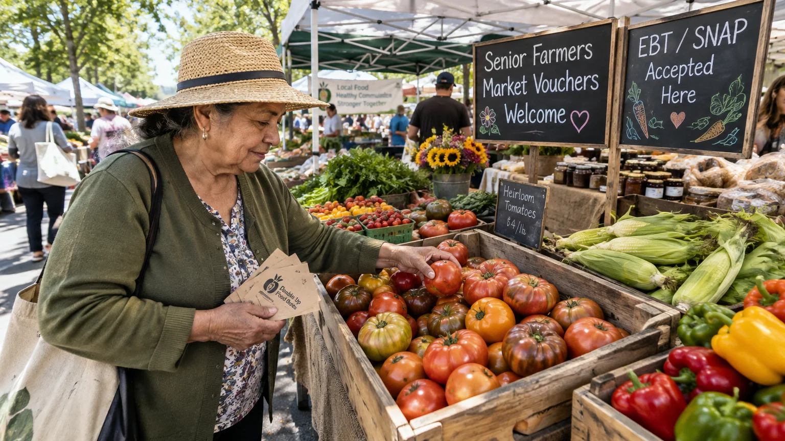 A woman in a straw hat selects heirloom tomatoes at an outdoor market stall accepting SNAP and senior vouchers.