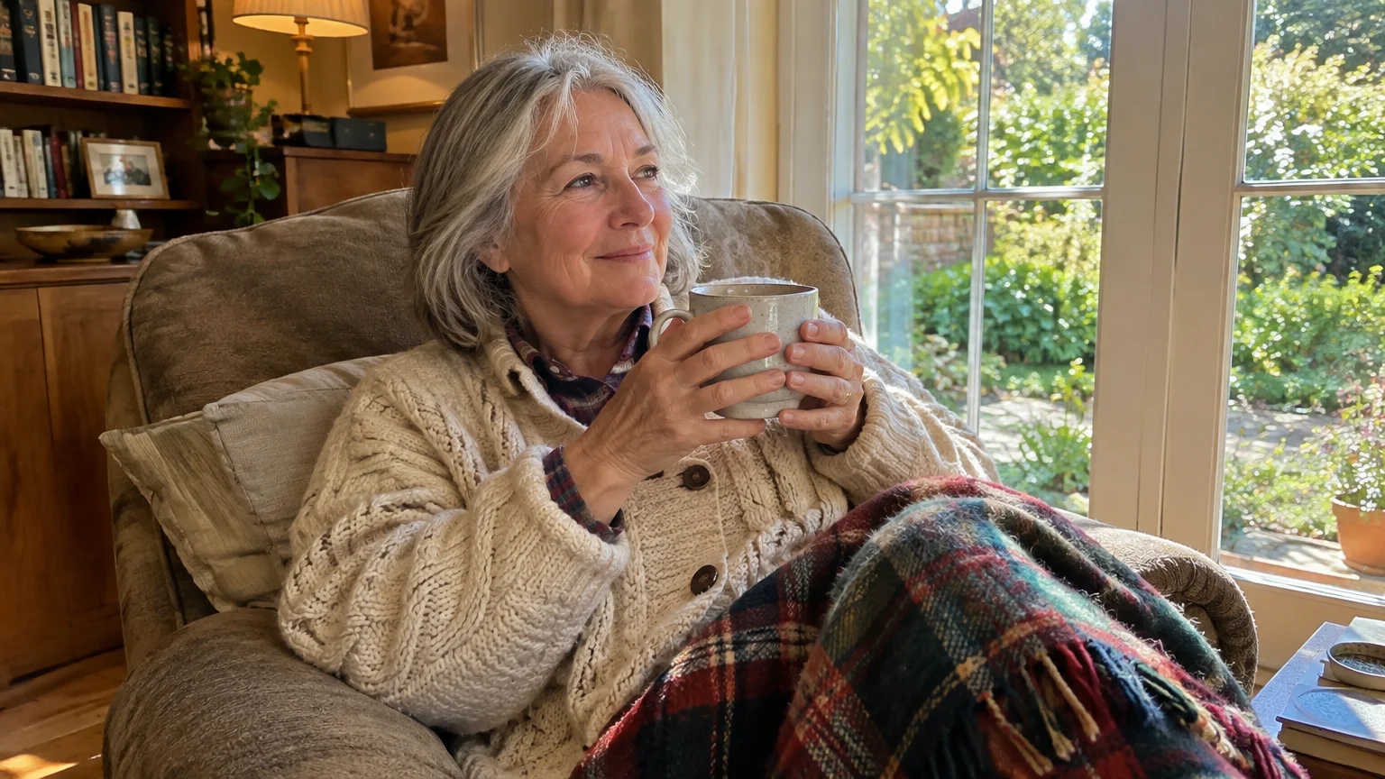 Senior woman in a knit cardigan and plaid blanket holding a steaming mug while sitting by a window.