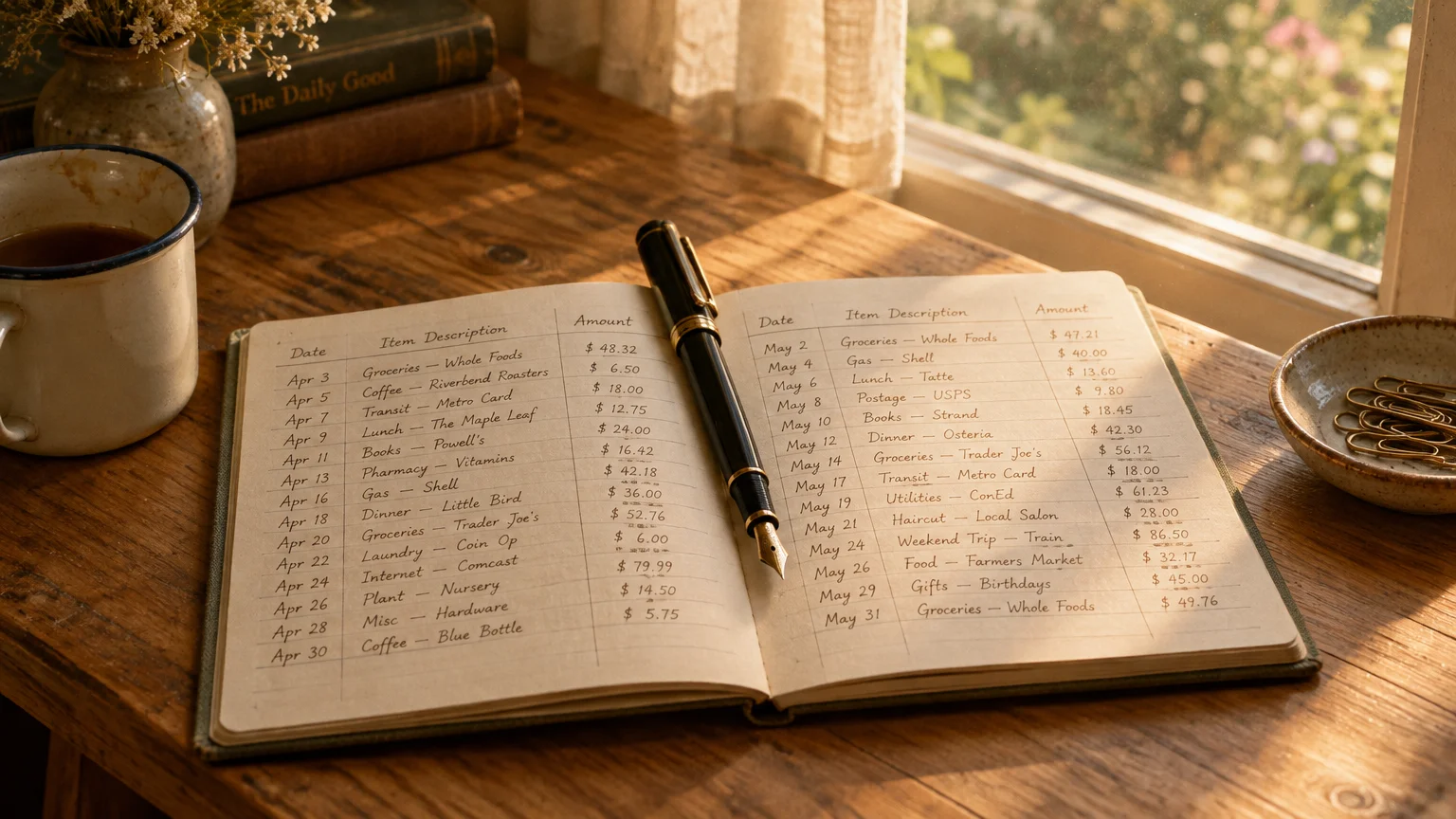 Open handwritten spending ledger with a fountain pen resting in the center fold on a wooden desk by a sunny window.