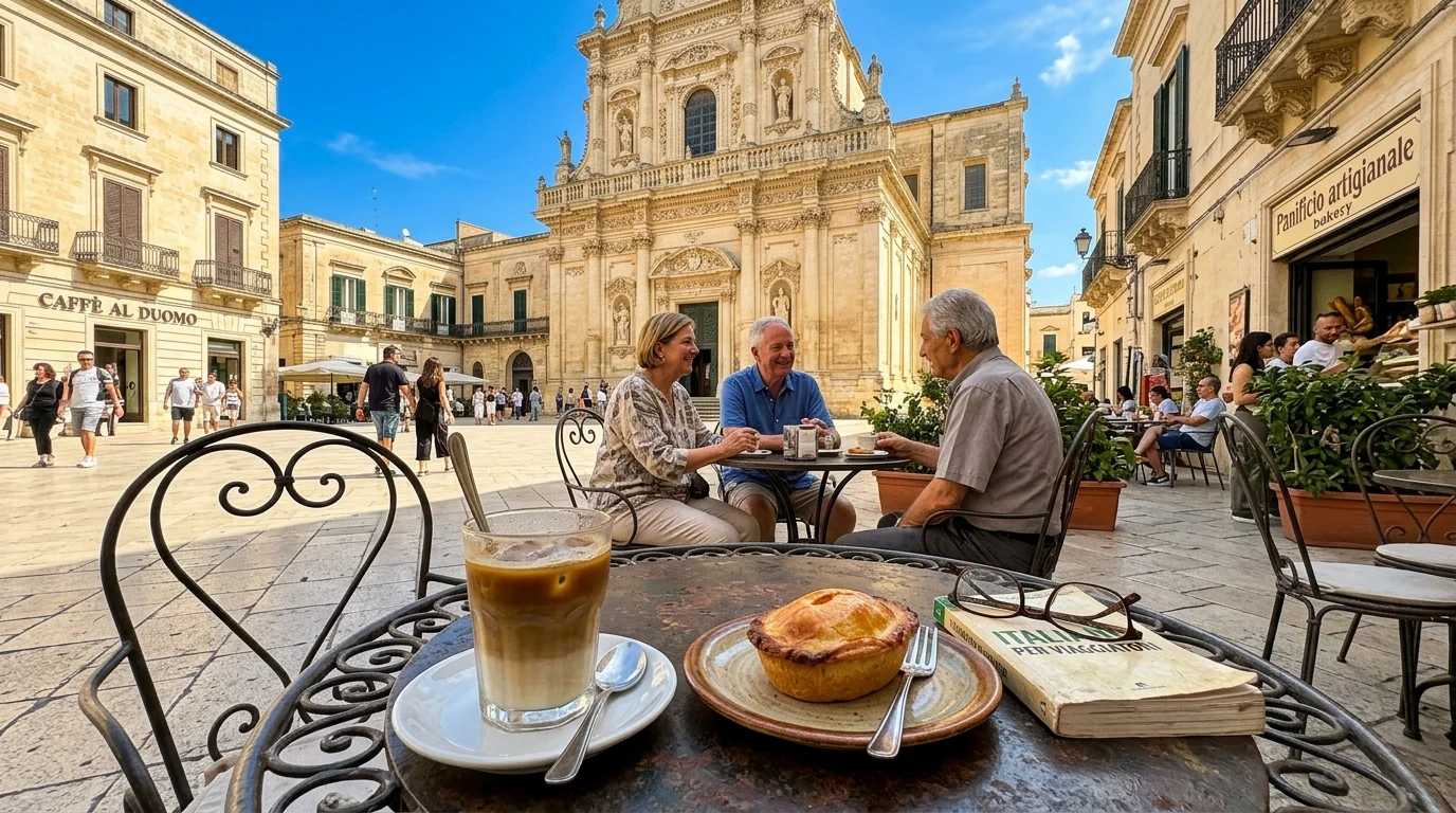 People chatting at an outdoor cafe in a sunlit Italian piazza with a Baroque cathedral in the background.
