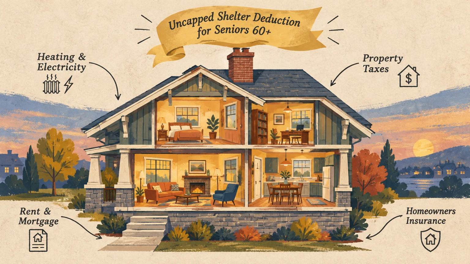 Illustration of a cutaway house showing rooms and labeled costs like rent, heating, electricity, property taxes, and insurance.