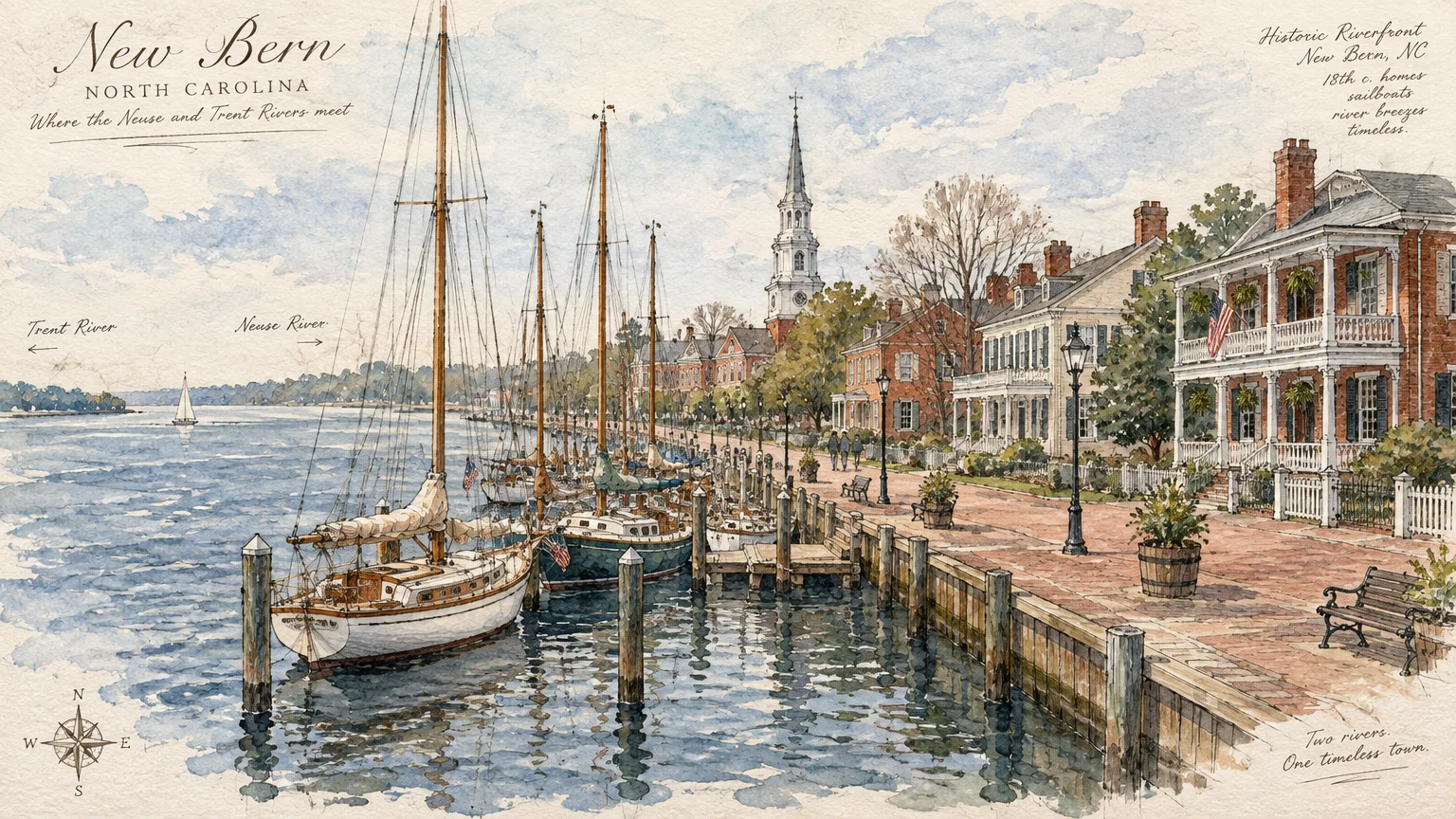 Watercolor illustration of sailboats docked along a brick riverfront promenade lined with historic brick homes and a church steeple.
