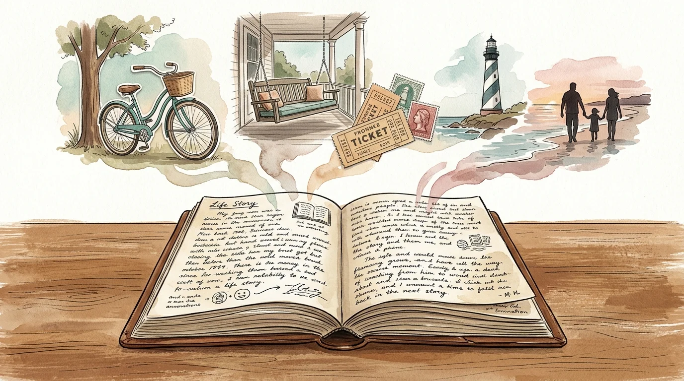 Illustration of an open journal with illustrated memories of a bicycle, porch swing, tickets, lighthouse, and family floating above.