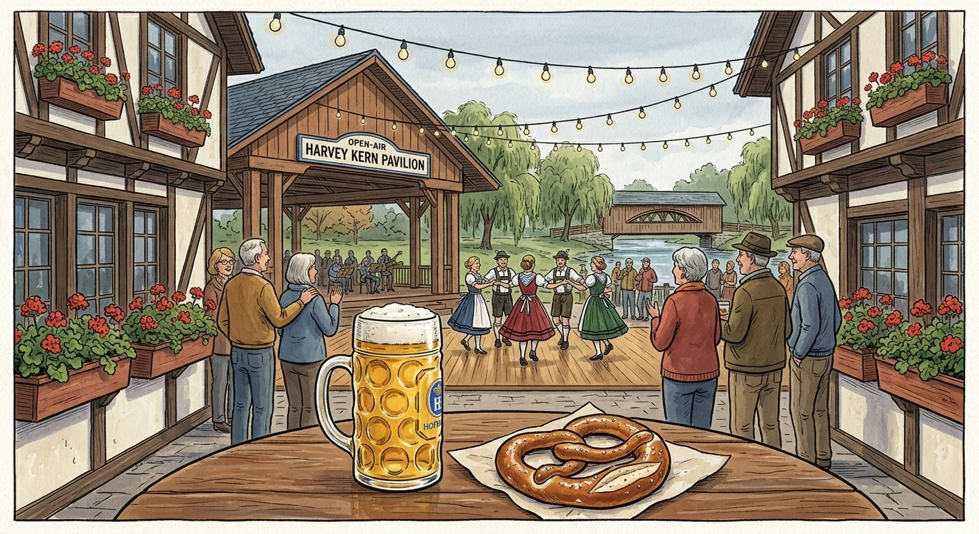 Illustration of people watching dancers outside the Harvey Kern Pavilion with a beer stein and pretzel on a foreground table.