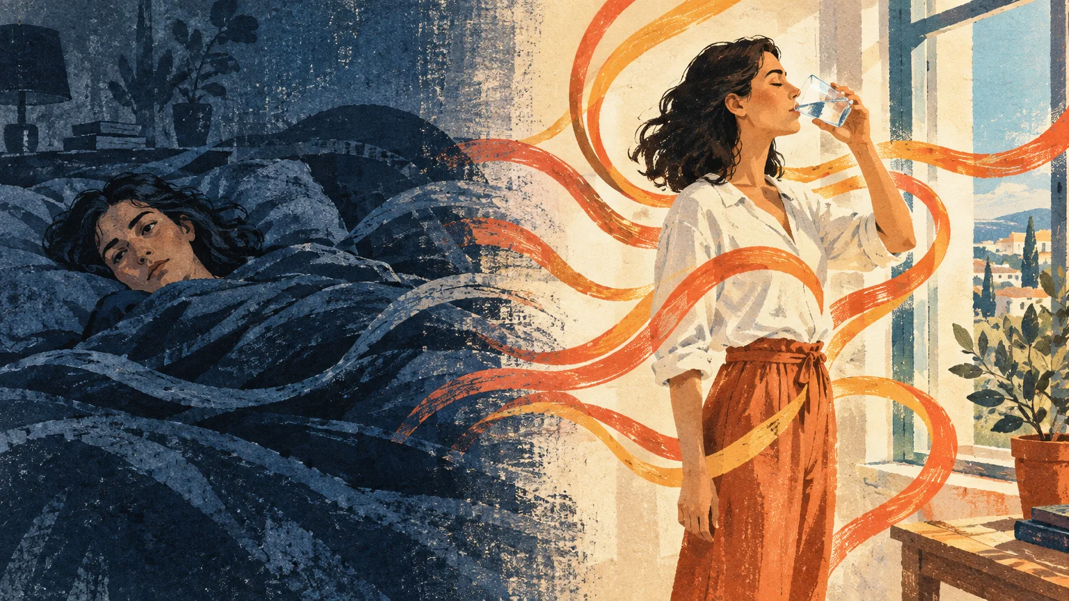 Split illustration showing a tired woman lying in a dark bed and a refreshed woman drinking water by a sunny window.