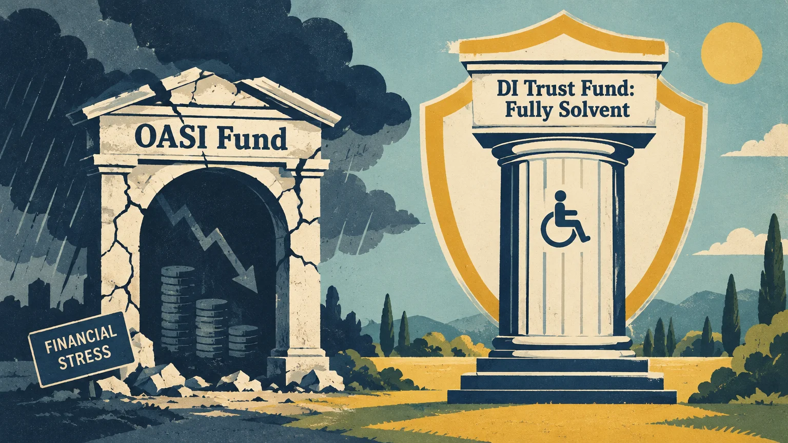 Illustration contrasting a crumbling stone arch labeled OASI Fund against a sturdy, shielded DI Trust Fund pillar in the sun.