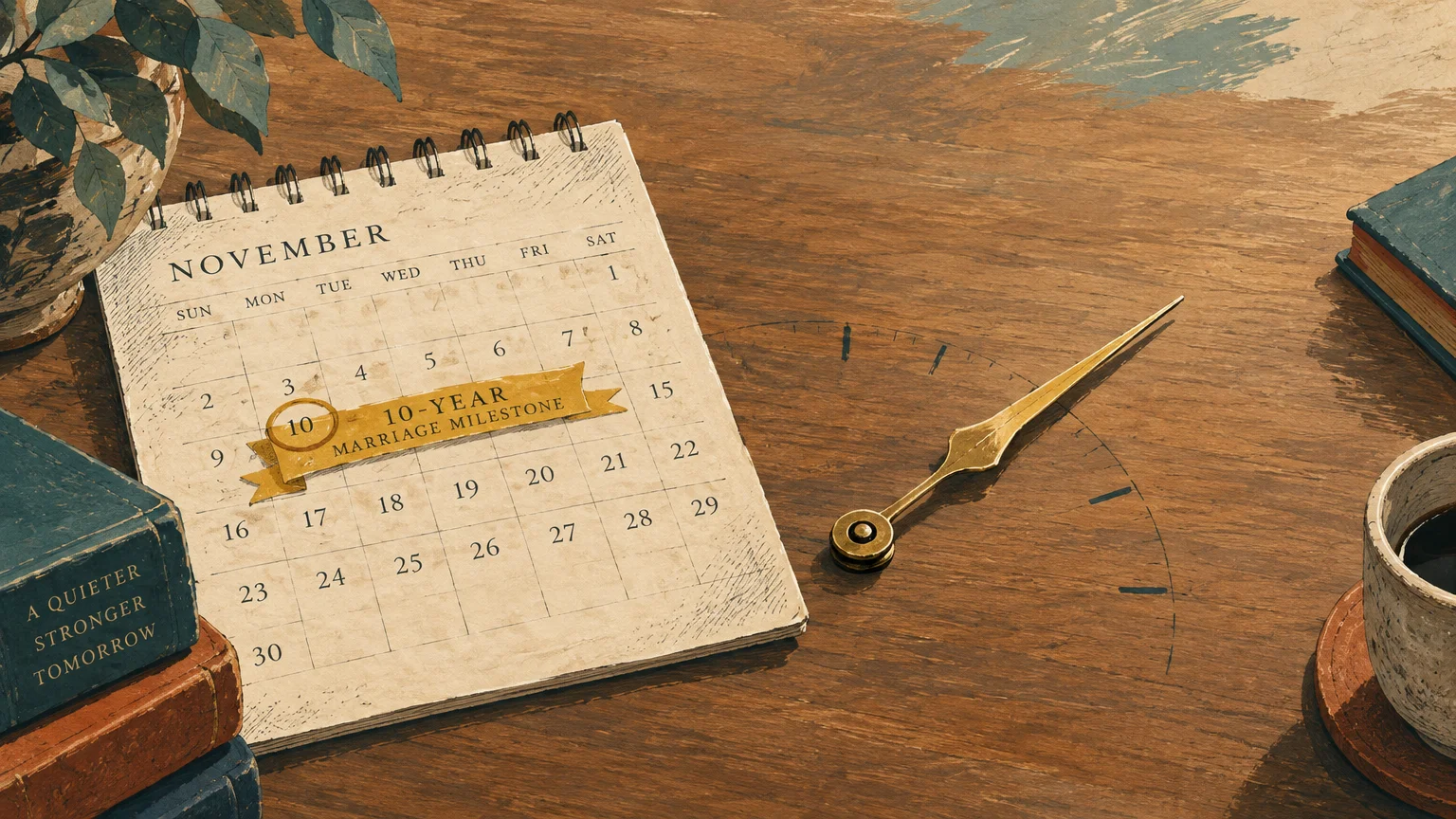 Desk with a November calendar marking a 10-year marriage milestone beside a clock hand, books, and coffee.
