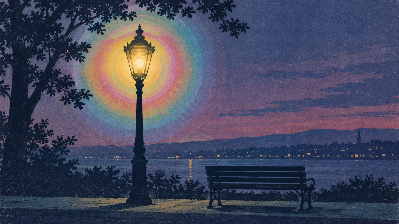 Illustration of a glowing vintage streetlamp casting concentric rainbow halos beside a park bench at dusk.