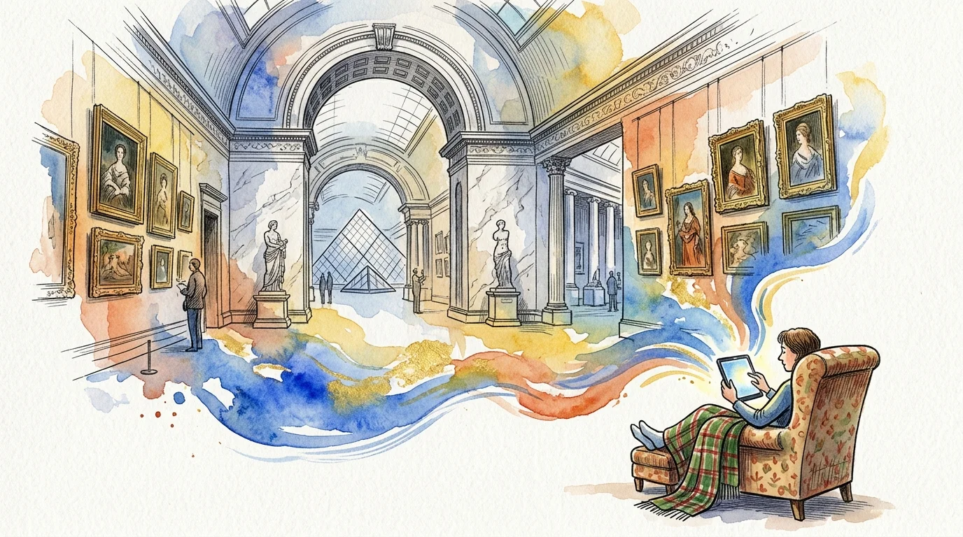 Watercolor illustration of a person in an armchair with a tablet, visualizing grand museum halls filled with classic art.
