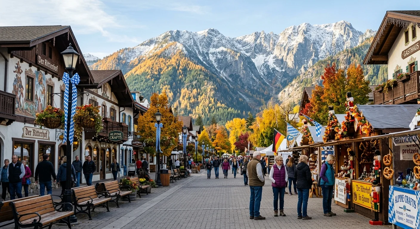 Pedestrians stroll along a Bavarian-style street lined with festival booths against snow-dusted, rugged mountains.
